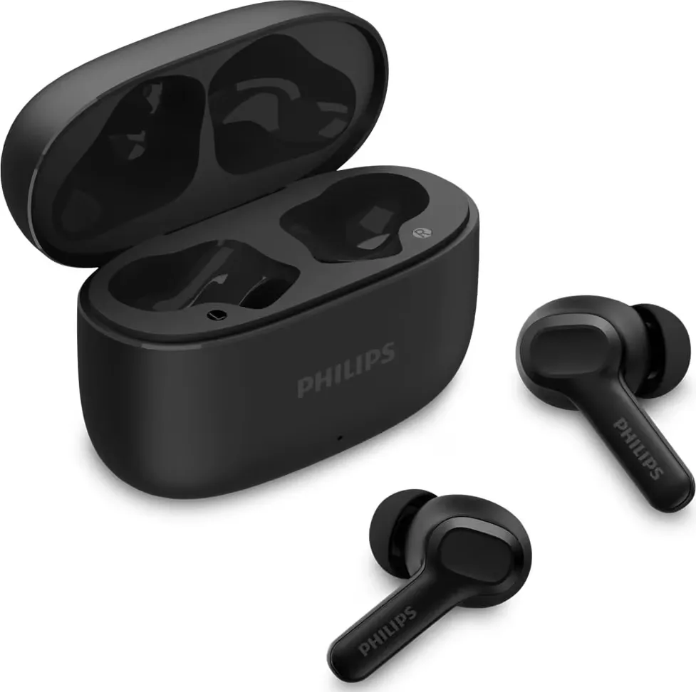Fone Philips TAT1109BK no estojo de carregamento